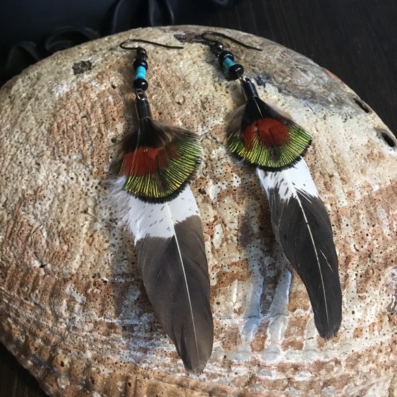 Hand Crafted Imitation Eagle & Turquoise Feather Hand Painted Tribal Earrings - Picture 7 of 16